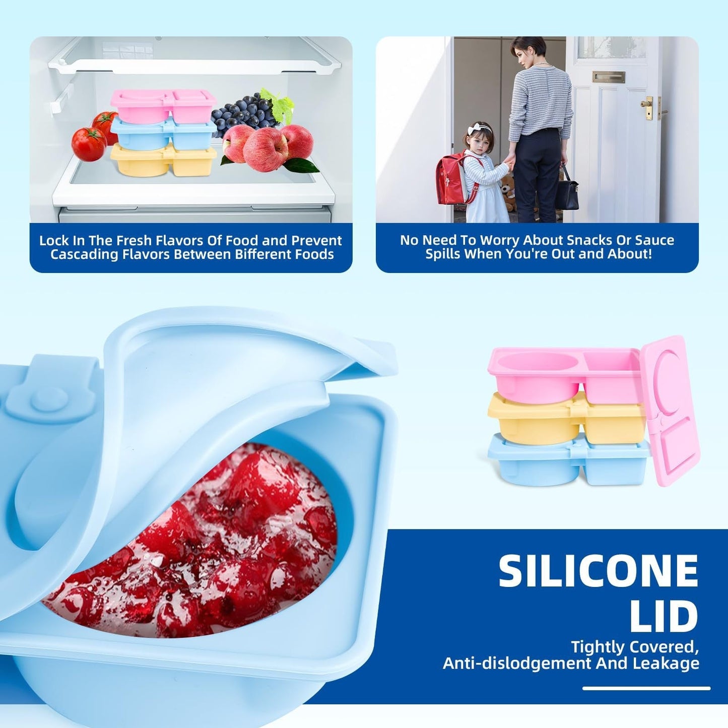 3 Pack Silicone Reusable Snack Containers with Lids